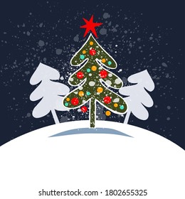 Christmas greeting card with cute Christmas tree on a blue dark textured background. Copy space. Vector illustration.
