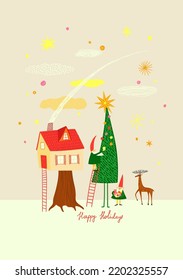 Christmas greeting card with cute tree house and funny gnomes decorating a tree. Festive xmas illustration or poster.