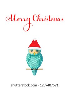 Christmas Greeting card with cute turquoise owl wear red hat on white background. Lettering calligraphic hand written text Merry Christmas.