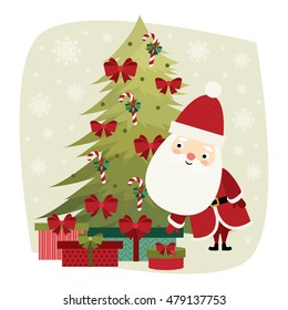 Christmas greeting card.  Cute vector illustration with Santa Claus, christmas tree and presents.