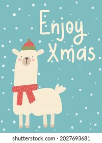 Christmas greeting card. Cute winter holidays postcard. Cartoon llama with wishes.Hand draw style vector illustration