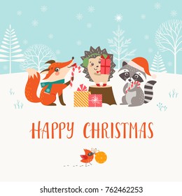 Christmas greeting card with cute woodland animals.