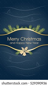 Christmas greeting card dark turquoise with green tree and bells