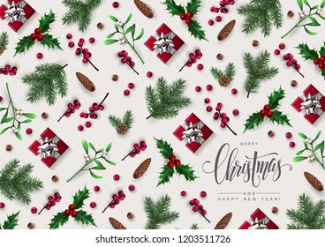 Christmas Greeting Card Decorated with Multiple Christmas Plants and Gift Boxes