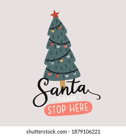 Tarjeta de felicitación navideña con árbol de navidad decorado sobre fondo claro. Ilustración vectorial dibujada a mano y letras. Afiche de vacaciones, pancarta, diseño de tarjetas.