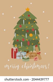 Christmas greeting card with decorated tree and gifts. Merry christmas vector illustration for print. Cute winter holiday drawing