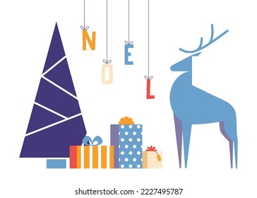 Christmas greeting card with decorated tree, gift boxes and deer. Colorful flat presents for holiday. Noel text for winter holiday. Christmas and New Year modern design. Vector illustration