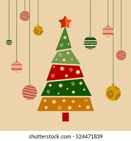 Christmas greeting card. Christmas decorated tree. vector illustration