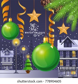 Christmas greeting card with decorated christmas tree in front of a night snow-capped town. Winter holidays. Vector illustration