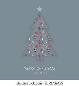 Christmas greeting card with decorations and wishes. Xmas concept. Vector