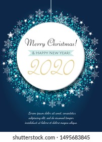 Christmas greeting card. Decorative blue ball with snowflakes and confetti. Vector Illustration
