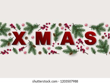 Christmas Greeting Card with Decorative Border made of Red Letters and Christmas Traditional Plants