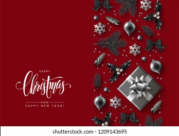 Christmas Greeting Card with Decorative Border made of Monochrome Festive Elements