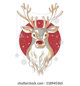 Christmas greeting card with decorative deer in doodle style. Deer Rudolph