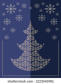 Christmas greeting card with decorative Christmas trees and snowflakes in blue and gold colors. Simple vector illustration.