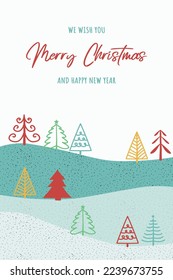 Christmas greeting card with decorative trees. Vector illustration