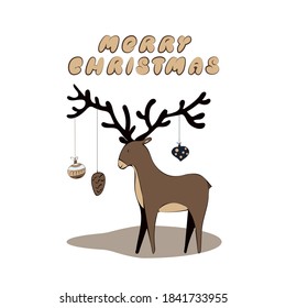 
christmas greeting card with deer, christmas decorations and hand lettering merry christmas, vector illustration in flat style
