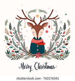 Christmas greeting card with deer and decorative seasonal branches