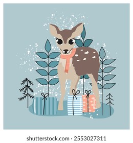 Christmas greeting card. Deer with gifts in winter forest. Vector illustration. Poster, print.New year, Scandinavian style.Drawing.Winter animals with snow trees