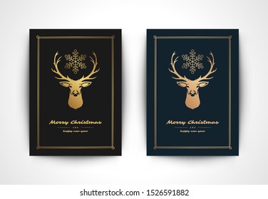 Christmas greeting card with deer head silhouette and ornate typographic winter holidays text vector illustration. Christmas ornaments decorarion and frame for postcard or banner design.