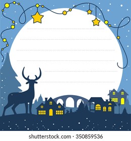 Christmas greeting card with deer and houses.