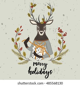 Christmas Greeting Card with Deer. Merry Christmas lettering. Template for New 2017 Year Cards, Scrapbooking, Stickers, Planner, Invitations.