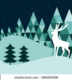 Christmas greeting card with a deer on the background of the night mountains. Vector illustration