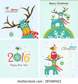 Christmas greeting card with a deer, the owl and the words