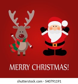 Christmas greeting card with a deer and Santa Claus on a red background