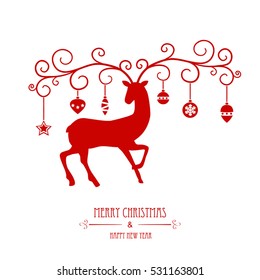Christmas greeting card with deer. Christmas vector design.