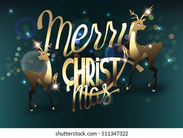 Christmas greeting card with christmas deers and lettering. Vector illustration