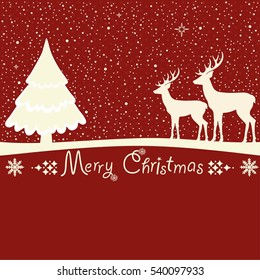 Christmas greeting card with deers on red background