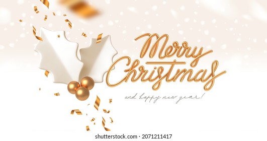 Christmas greeting card design with 3d render realistic golden christmas calligraphy and Holly berries. Vector illustration.