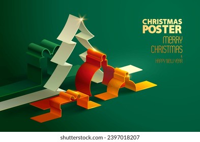 Christmas greeting card design with 3D fir tree, gift boxes and decoration on green background. Holiday festive illustration for poster, banner and flyer. Not generated by AI.