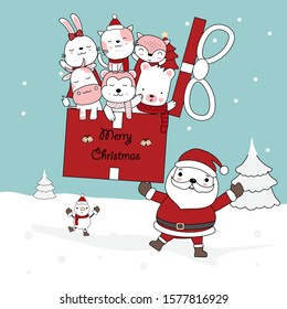 Christmas greeting card design background with santa claus and gift box with cute baby animal. Hand drawn cartoon style. Vector illustration.