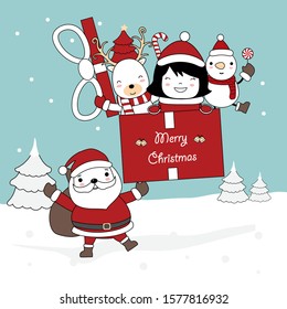Christmas greeting card design background with santa claus and gift box with reindeer, character girl, snowman with santa costume. Hand drawn cartoon style. Vector illustration.