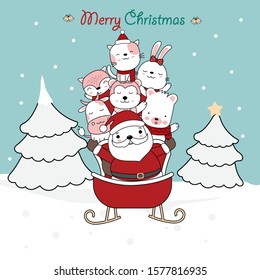 Christmas greeting card design background with santa claus and cute baby animal with santa car. Hand drawn cartoon style. Vector illustration.