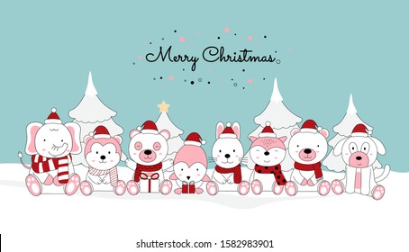 Christmas greeting card design background with cute baby animal and santa costume, santa hat. Hand drawn cartoon style. Vector illustration.