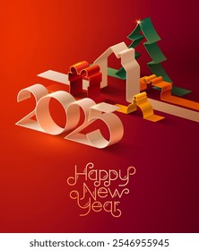 Christmas greeting card design with calendar date 2025, gift box and fir tree. Festive 3D isometric illustration for poster, banner, web.