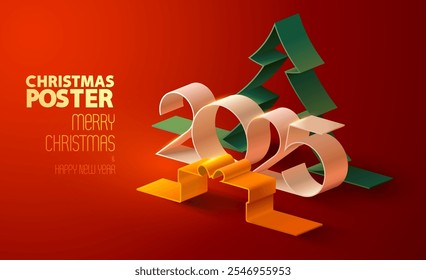 Weihnachtsgrußkartendesign mit Kalenderdatum 2025, Geschenkbox und Tanne. Festliche 3D isometrische Illustration für Poster, Banner, Web.