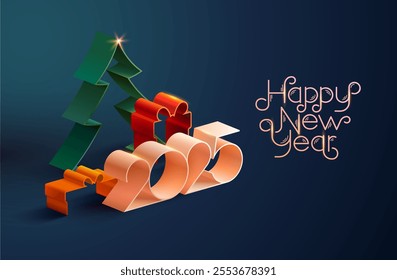 Christmas greeting card design with calendar date 2025, gift box and fir tree. Festive 3D isometric illustration for poster, banner, web.