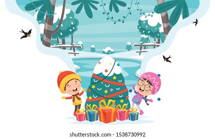 Christmas Greeting Card Design With Cartoon Characters