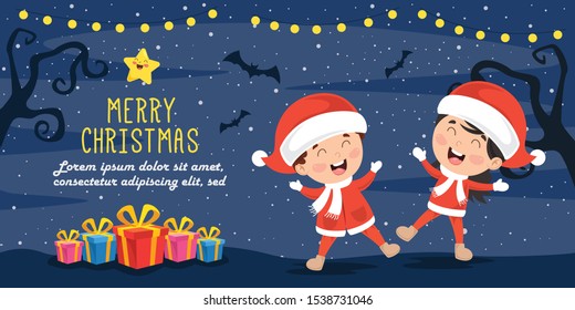 Christmas Greeting Card Design With Cartoon Characters