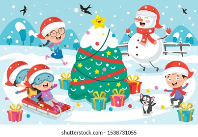 Christmas Greeting Card Design With Cartoon Characters