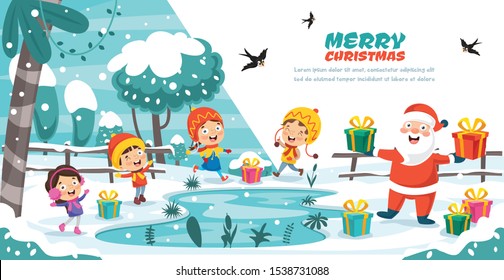 Christmas Greeting Card Design With Cartoon Characters