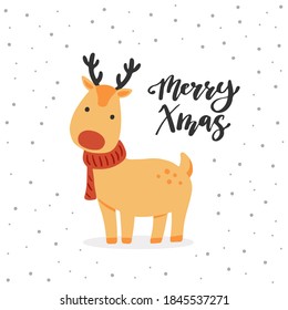 Christmas greeting card design with cartoon Reindeer character, hand drawn design elements, lettering qoute Merry Xmas.