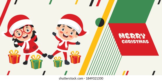 Christmas Greeting Card Design With Cartoon Characters