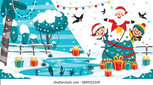 Christmas Greeting Card Design With Cartoon Characters