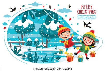 Christmas Greeting Card Design With Cartoon Characters