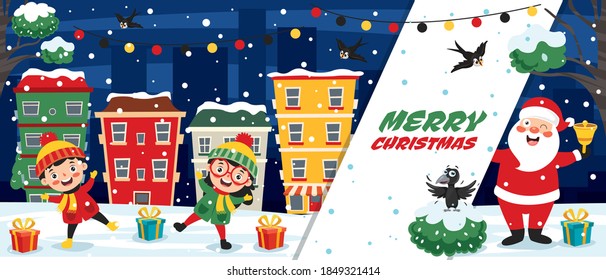 Christmas Greeting Card Design With Cartoon Characters